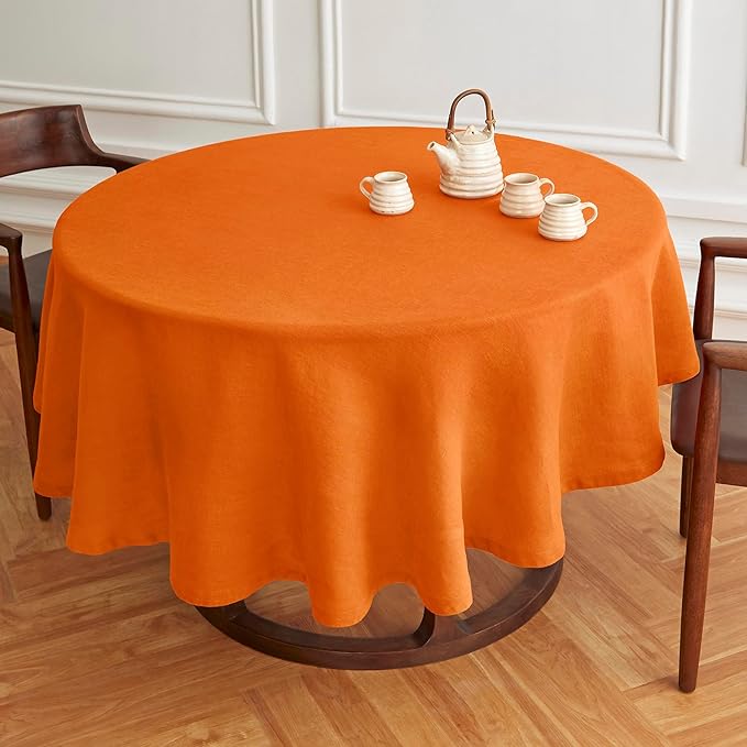 Solino Home Linen Round Tablecloth 70 Inch - 100% Pure Linen Pumpkin Round Tablecloth - Machine Washable Table Cloth for Holiday, New Year - Sonoma