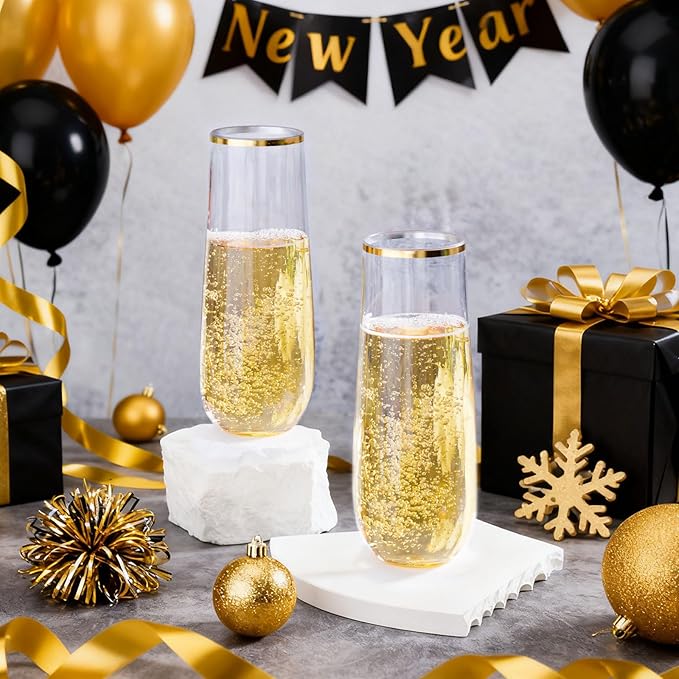 Ciaell 24 Pack Gold Plastic Champagne Flutes - 9 Oz Disposable Champagne Glasses - Stemless Mimosa Glass for Parties & Weddings & Birthdays & Christmas