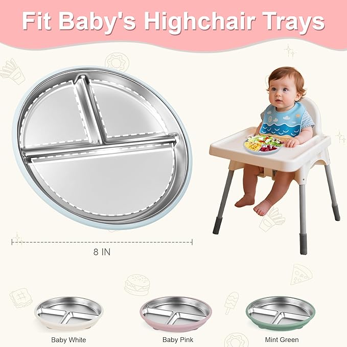 Bella’s Friends Stainless Steel Baby Plates with Suction 3 Pack, 8” Divided Toddler Plates with Removable Silicone Sleeves for Mess-Free Feeding, Non-Toxic, Non-Slip, Dishwasher Safe, beige,pink,green