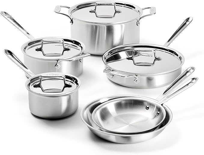 All-Clad D5 Brushed 5 Ply Stainless Steel Cookware Set 10 Piece w/ Frying Pans, Pots and Pans Set, Induction, Oven Broiler Safe 600F, Silver