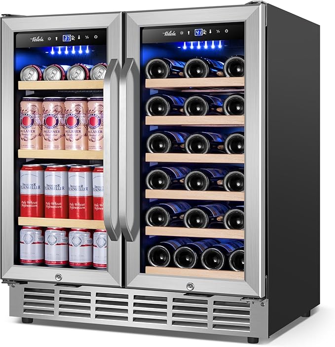 Wine and Beverage Refrigerator 30 Inch, Upgrade Dual Zone Wine Cooler, 30'' Wine beverage Fridge Built in or Freestanding Under Counter Large Capacity Glass Door Advanced Cooling System