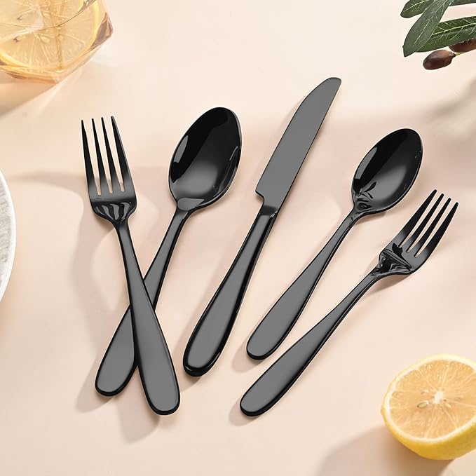 20-Piece Black Silverware Set, Flatware Set for 4, Food-Grade Stainless Steel Tableware Cutlery Set, Mirror Finished Utensil Sets for Home Restaurant, Forks Spoons and Knives Set, Dishwasher Safe