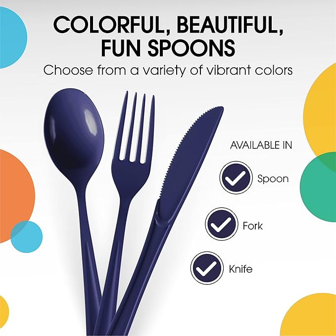 Party Solids Heavy Duty Plastic Cutlery - 200 Pieces, Disposable Navy Plastic Spoons, Flatware, Silverware