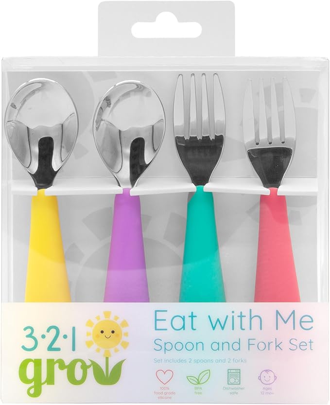 Eat with Me Spoon and Fork Set – Toddler Utensils with Easy-Grip Silicone Handles – Kid-Sized & Safe Stainless Silverware – Promotes Independent Eating – Dishwasher Safe (Watermelon)