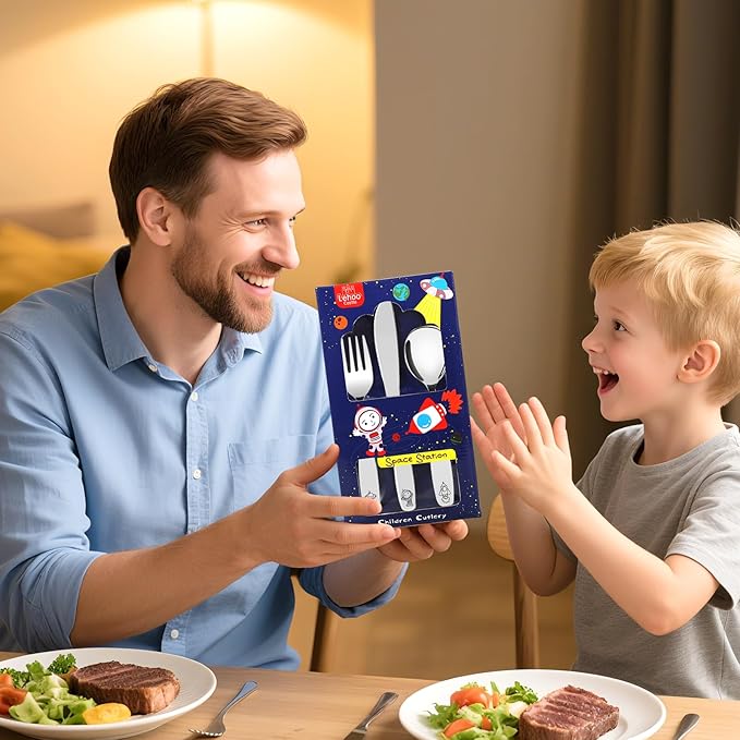 Lehoo Castle Kids Stainless Steel 6PCS Kids Utensils Forks, Spoons and Knives Set, Flatware Set (Space Collection)