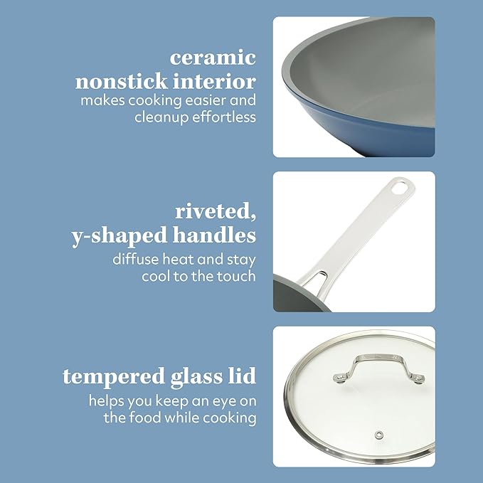 Sur La Table Kitchen Essentials Cool Commune Hard Anodized 10 Piece PFA Free Ceramic Non stick Interior Forged Durable Aluminum Pots and Pans Cookware Set - Blue - Induction Compatible