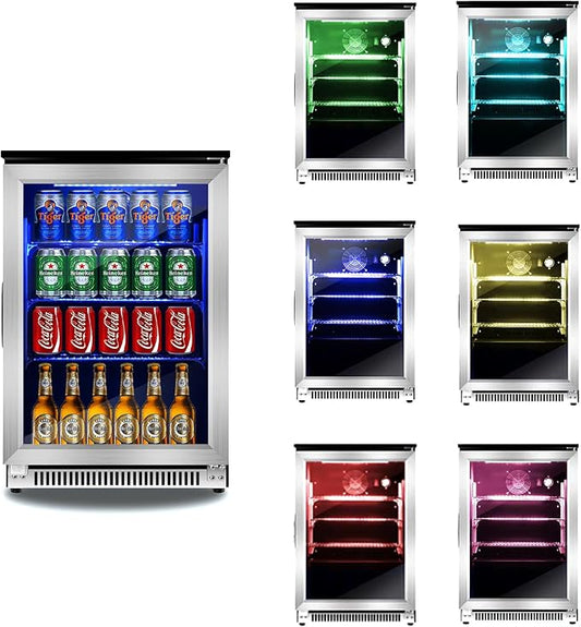 20 Inch Built-in Beverage Refrigerator with 7-Color LED Light, Compact 120 Can Under Counter or Freestanding Stainless Steel Drink Cooler Fridge with Glass Door for Soda & Beer