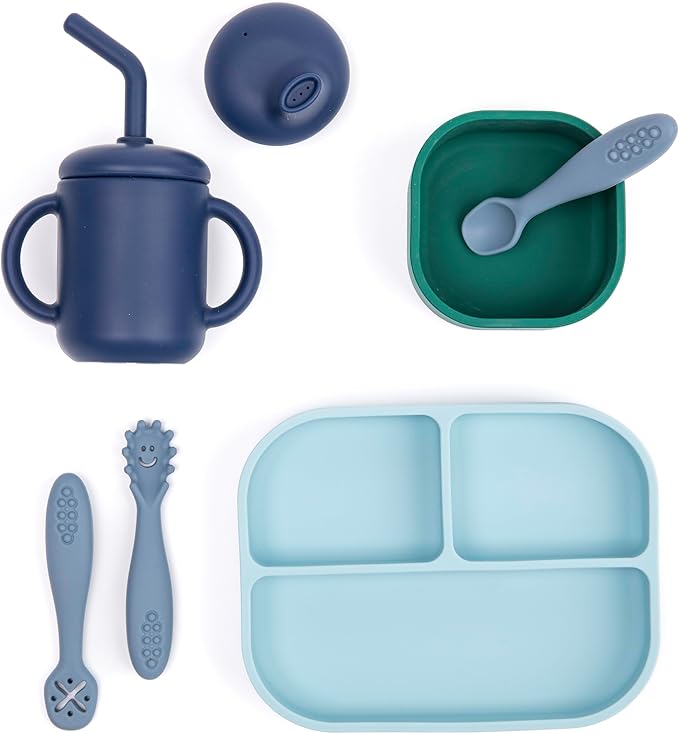 Bella Tunno Little Bites Bundle – Baby Feeding Set and Baby Led Weaning Supplies with 1 Baby Bowl, 1 Baby Plate, 3 Baby Utensils, 1 Cup, 2 Lids, 100% Food-Grade Silicone (Shooting Star)