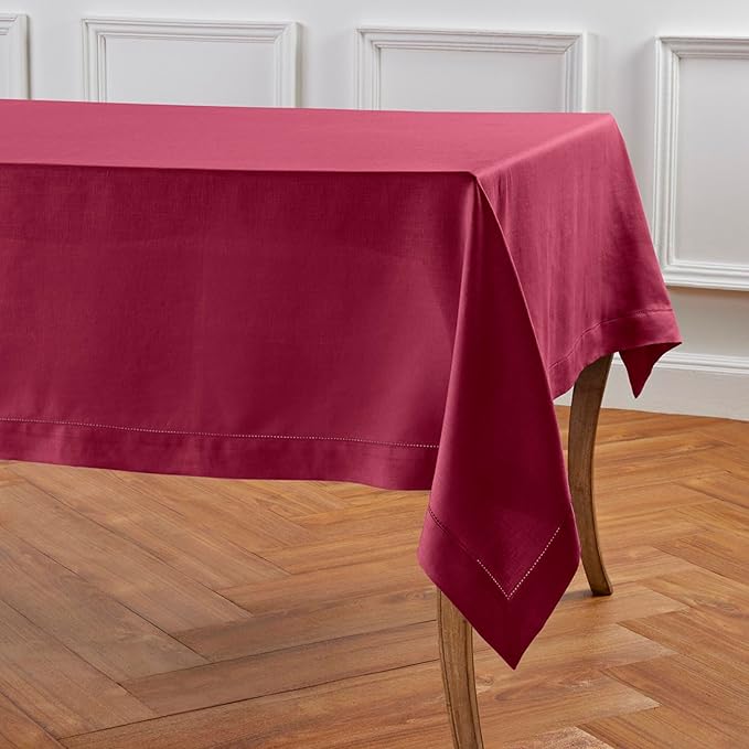 Solino Home Beet Linen Tablecloth 60 x 144 Inch - Classic Hemstitch, 100% Pure Linen Rectangular Tablecloth - Machine Washable Table Cloth for Valentines, New Year