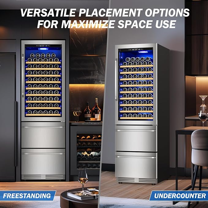 24 Inch Wide Wine and Beverage Refrigerator With Dual Drawer, 2 IN 1 Dual Zone Wine Cooler, Built-In or Freestanding Beverage Fridge, for Home Bar Kitchen, Hold Up To 107 Bottles and 149Cans