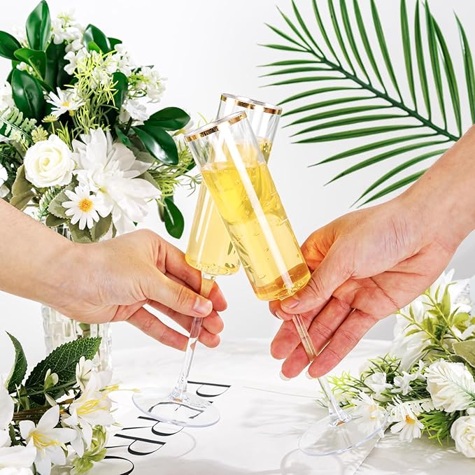 Ciaell 24 Pack Plastic Champagne Flutes - 6Oz Gold Rim Disposable Champagne Glasses - Square Clear Plastic Toasting Glasses for Party Birthday Anniversary Wedding Christmas
