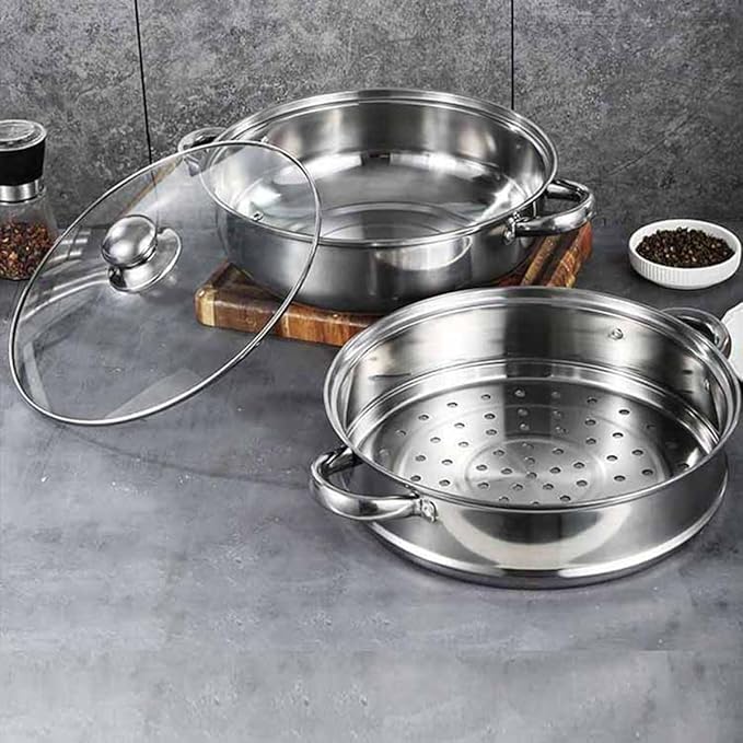 Steamer Pot for Cooking 11 inch Steamer Pot, 2-tier Multipurpose 18/8 Stainless Steel Steam Pot Cookware with Lid for Vegetable, Dumpling, Stock, Sauce, Food