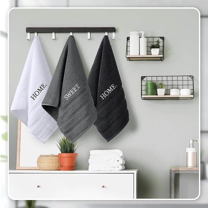 3 Pcs Farmhouse Decorative Hand Towels for Bathroom and Kitchen Rustic Embroidered 100% Cotton Hand Towels Decorative Set for Boho Bathroom Decor (Black,Home Sweet Home)