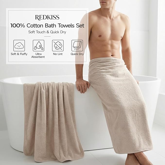 REDKISS 6-Piece Bath Towel Set, Ultra-Plush & Highly Absorbent 100% Cotton Towels for Bathroom, Pink Set Includes 2 Bath Towels, 2 Hand Towels, 2 Washcloths