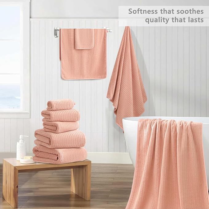 18 Piece Bath Towels Set,Super Soft Family Bathroom Towel Set with Hanging Loops-6 Bath Towels,6 Hand Towels,6 Washcloths,Highly Absorbent Quick Dry Shower Towel for Bathroom,Hotel,Spa-Blush Towel Set
