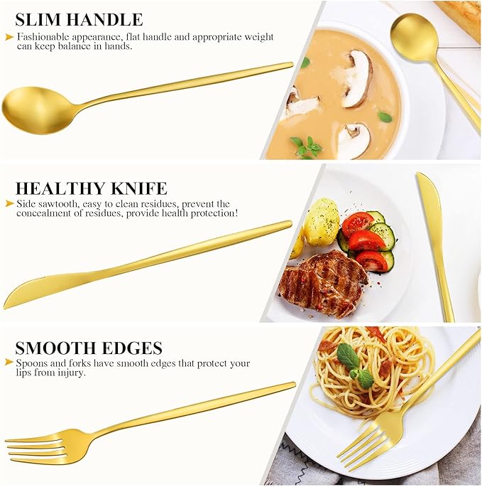 Gold Silverware Set for 8, Stainless Steel Flatware Set, 40-Pieces Cutlery Tableware set Include Spoons And Forks Set, Matte Gold Utensil Set, Stain Finish, Dishwasher Safe