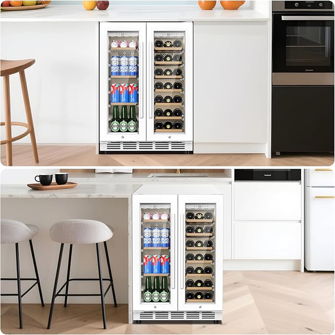 24 Inch Dual Zone Wine and Beverage Refrigerator - Under Counter Built-in/Free Standing Beverage Cooler with Glass Door,Beverage Fridge with Large Capacity, Advanced Cooling System, White