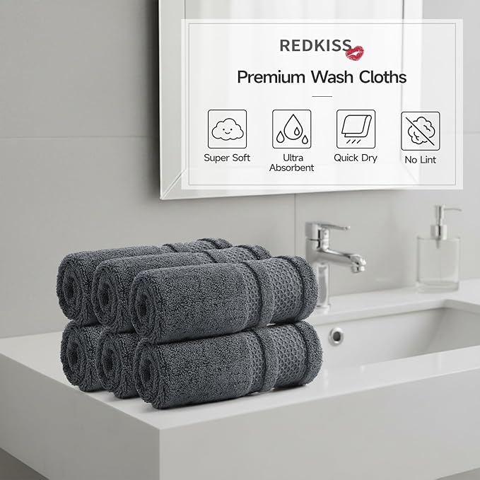 REDKISS Luxury Washcloths for Showering, 13x13 inch, 100% Cotton Premium Wash Cloths Set of 6, Super Soft and Highly Absorbent Face Towels for Bathroom, Spa, Gym and Hotel, Blue Gray