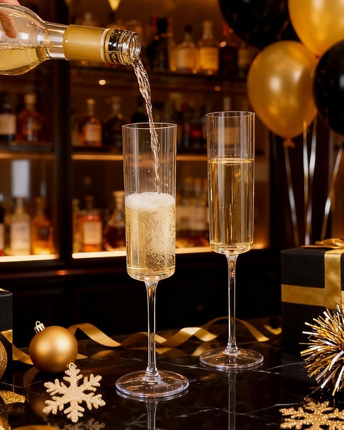 Ciaell 24 Pack Plastic Champagne Flutes - Clear 6 Oz Disposable Champagne Glasses - Square Plastic Toasting Glasses for Party Birthday Anniversary Wedding Christmas New Year