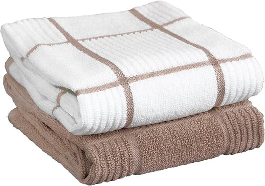 T-fal Solid & Checked Parquet Kitchen Towels: Highly Absorbent, Super Soft Long Lasting - 100% Cotton, 16"x26" Dish Towels for Cleaning & Drying Dishes, Pans, Glassware, or Countertops, (2-Pack), Sand