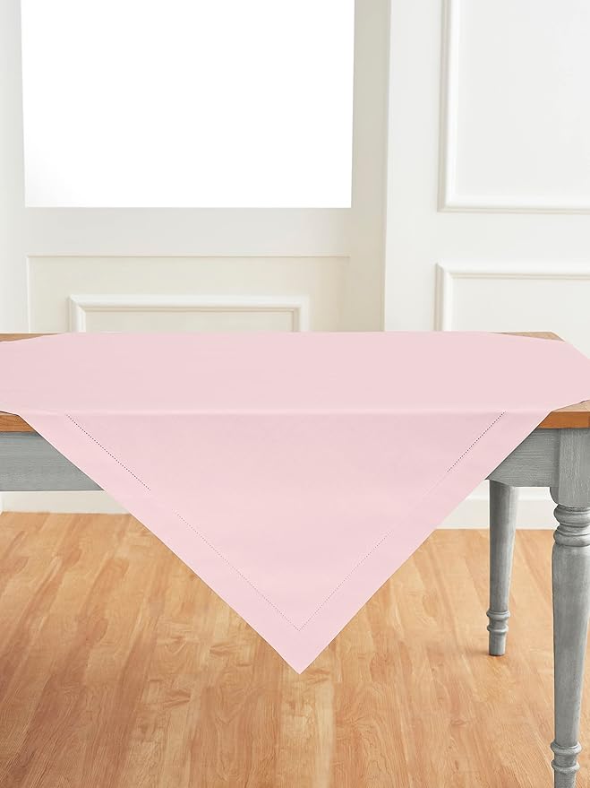 Solino Home Pink Tablecloth 52 x 52 Inch - Cotton Linen Hemstitch Square Tablecloth - Machine Washable Table Throw for Valentines, New Year