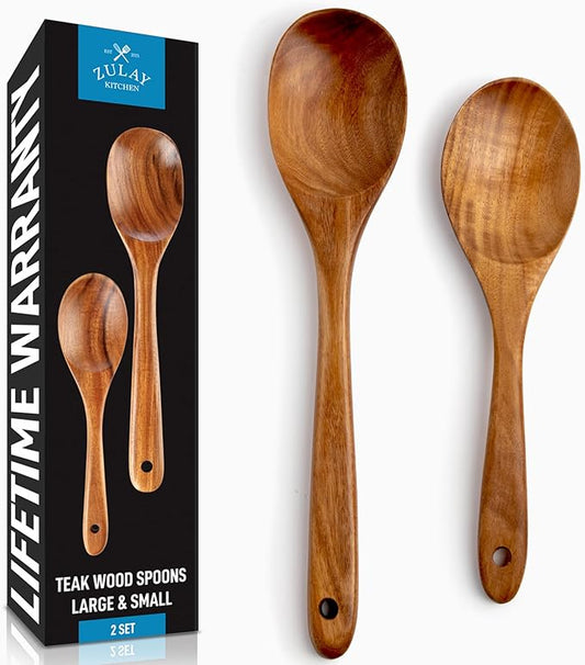 Zulay Kitchen Teak Wood Utensil Set – 2 Piece Large and Small Wooden Cooking Spoons, Handcrafted Natural Teak Wood Kitchen Utensils, Durable, Nonstick Safe & Smooth Finish