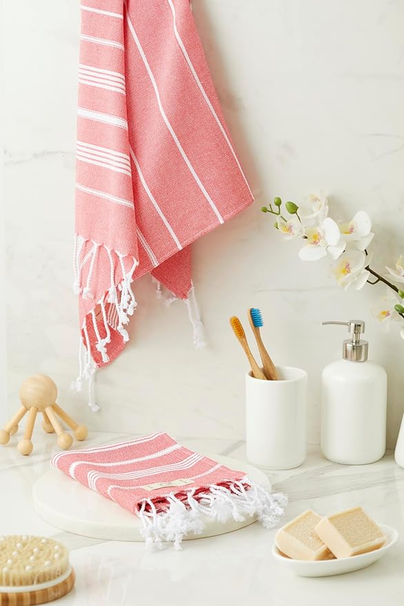 Hand Towels - Set of 2, 18" x 30" inches, Decorative Peshtemal Cotton Hand Towels for Kitchen, Bath, Guest, Face, Hair, Gym, Yoga, Dishcloth, Travel (Coral)