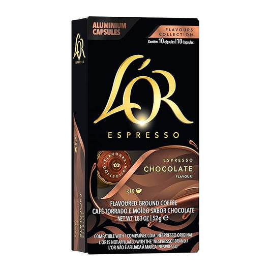 L'OR Espresso Capsules, 10 Count Chocolate, Single-Serve Aluminum Coffee Capsules Compatible with the L'OR BARISTA System & *Nespresso Original Machines, 10 Count (Pack of 10)