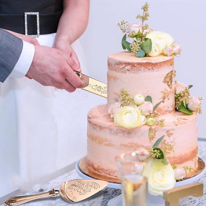 KSENDALO Wedding Cake Knife and Server Set Rose Gold Cake Cutting Set for Wedding, Deluxy SUS304 Stainless Steel Knife and Cake Server Set for Weddings, Birthdays & Anniversary(13.78inch Long)