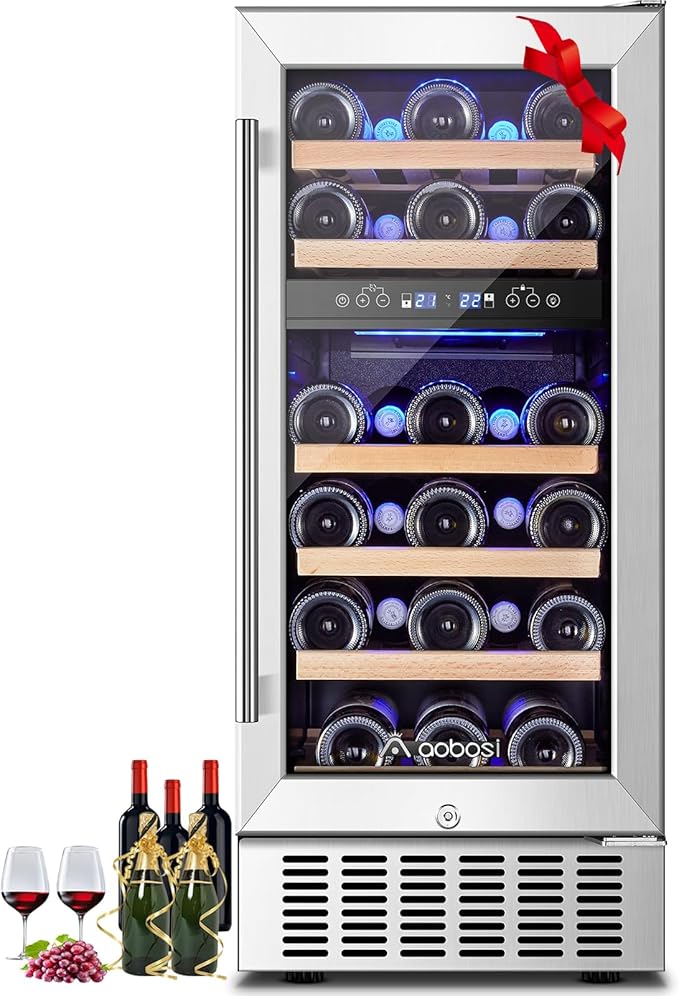 AAOBOSI 15 Inch 28 Bottles Wine Fridge,41-68°F Dual Zone Wine Cooler, Visualized Temperature Regulation, Designed For Large Wine Bottles, 5 Adjustable Shelves,Temperature Memory Function