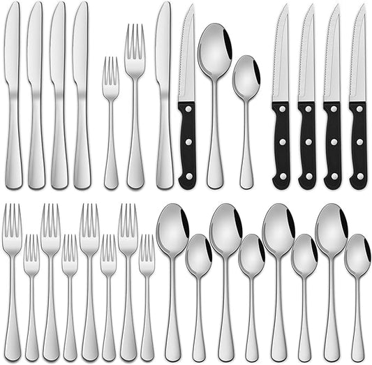 24-Piece Silverware Set with Steak Knives,Flatware Set Service for 4 Person, Food-Grade Stainless Steel Cutlery Set,Includes Knife Spoon And Fork, Mirror Finished Utensil Sets for Home Restaurant