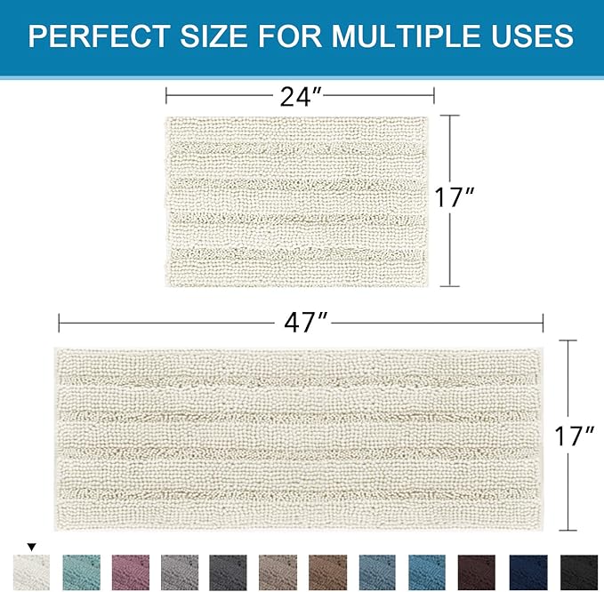 Non Slip Thick Shaggy Chenille Bathroom Rug Mat Set Extra Soft and Absorbent Striped Floor Rugs, 2 Piece, Machine-Washable