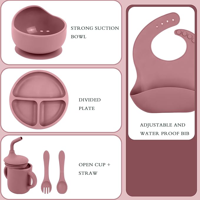 6-Piece Baby Feeding Set, Silicone Baby Mealtime Kit for Food-Grade Strong Suction Baby Plate+Baby Cup+ Bib+Fork+Spoon+Bowl, Toddler Eating Essentials Washable Parenting Gift Idea (Burgundy)