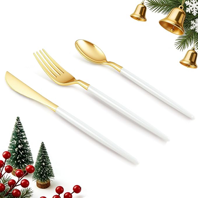 75 PCS White Gold Plastic Utensils for 25 Guests, Gold Disposable Silverware with 25 Knives, 25 Spoons and 25 Forks, BPA Free, Ideal for Weddings, Birthdays & Graduation