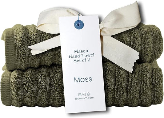 Blue Loom Ribbed Hand 2 Towels Set, 100% Cotton 600GSM, Soft Absorbent Durable Quick Drying for Bathroom - Mason 2 Piece 18" x 30" - Moss