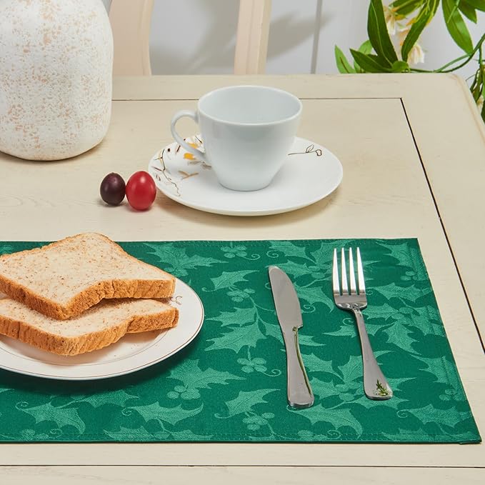 Cloth Place Mats Set of 8–Reusable Rectangular Waterproof Fabric Polyester Washable Wipeable Heat Resistant jacquard floralflowers for Kitchen Dining Dinner Wedding Table(Dark Green/13x19Inch)