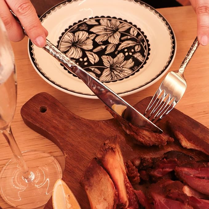 18/10 Stainless Steel Flatware Set Hand Forged Silverware Set Cutlery Set Round Hammered Handle Mirror Finished Heavy Duty 10 Pieces Service for 2