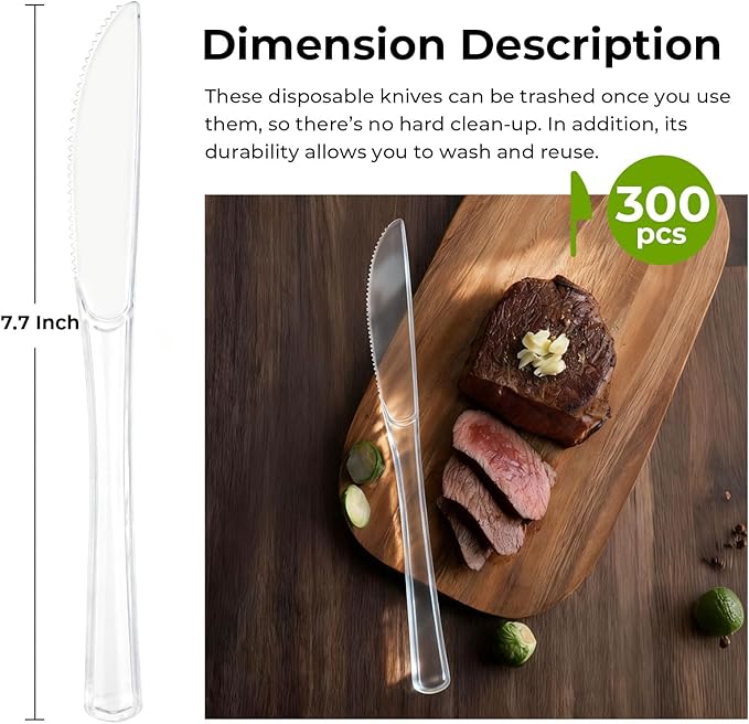 300 Count Clear Plastic Knives Disposable, Heavyweight Cutlery Sets Solid and Durable Plastic Silverware Utensils for Parties, Events and Everyday Use (Knives)