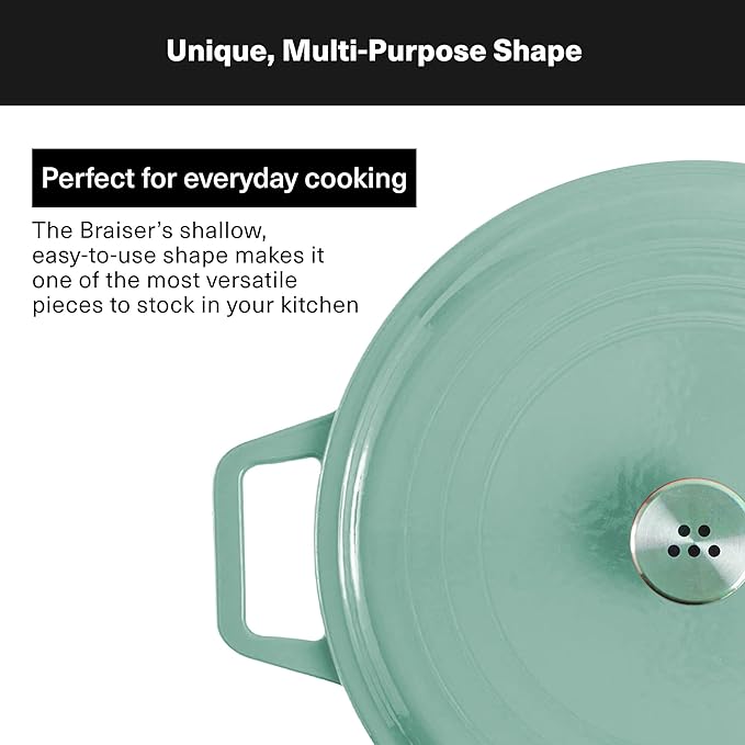 Misen 5.5 QT Braiser – Enameled Cast Iron Pan for Searing, Braising & Slow Cooking – No-Chip Enamel Coating – Extra-Wide Handles – Superior Heat Retention & Even Cooking - Green
