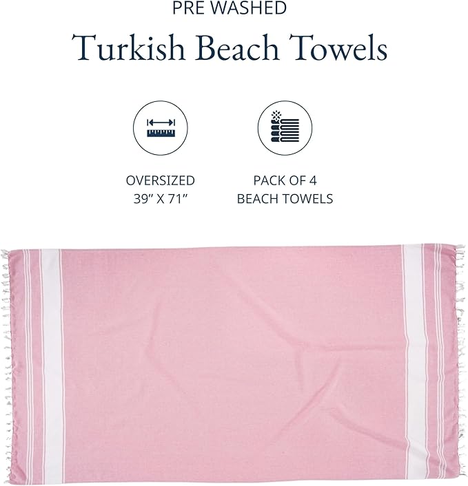 LANE LINEN Turkish Beach Towel Set of 4 - Beach Towels, Pre-Washed Pool Towel, Extra Large Beach Towel, Quick Dry & Sand Free, Absorbent Travel Towel, 39"x71" - Candy Pink
