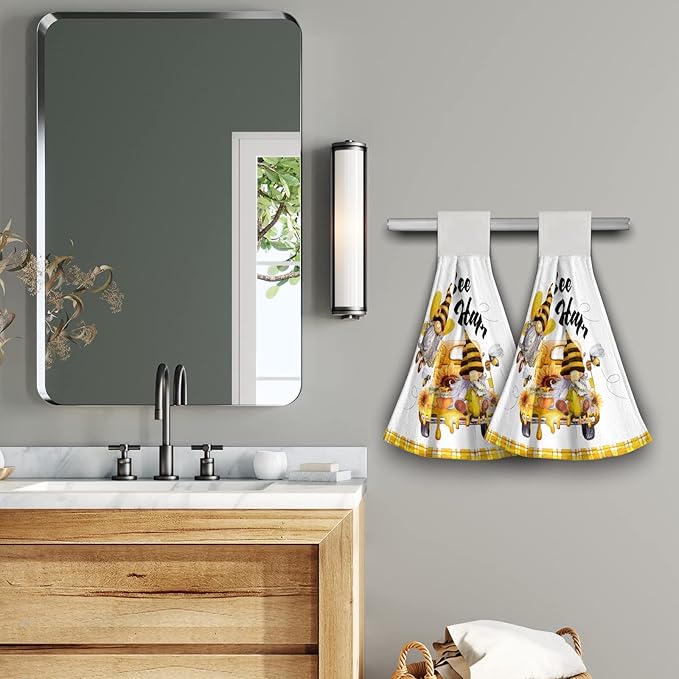 Giwawa Bee Happy Kitchen Hand Towels Yellow Gnomes Fast Dry Hanging Tie Towels 2PCS Soft Dish Wipe Cloth for Bathroom Restroom Home Decor