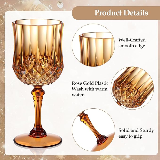 XUWAIDSGN 7oz Plastic Vintage Wine Glasses Drinking Glasses Unbreakable Wedding Glassware Crystal Water Goblets Reusable Drinkware Vintage Champagne Flutes (48, Brown)