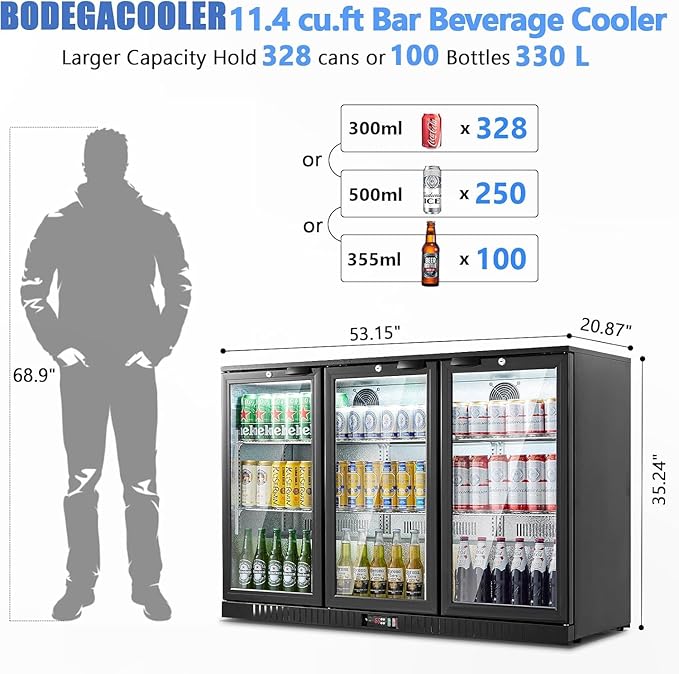 BODEGA BODEGACOOLER Commercial Bar Cooler With 3 Glass Doors,11.4 Cu.Ft Under Counter Beverage Refrigerator,Back Bar Refrigerator,Commercial Display Drink Fridge,LED Lighting Beer Wine Soda Drinks