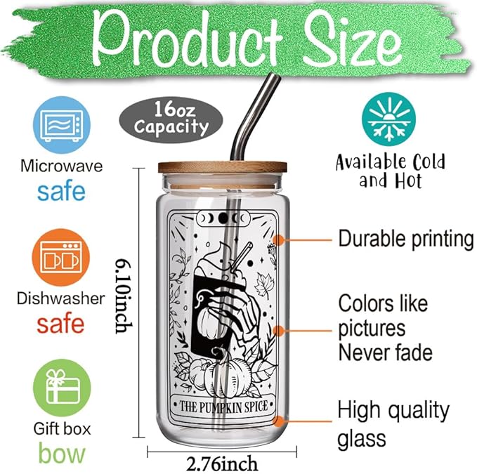 Fall Pumpkin 16 OZ Glass Cups with Lids and Straws, Thanksgiving Tarot Tumbler Mug, Fall Gifts, Halloween Boo Basket Gifts for Women