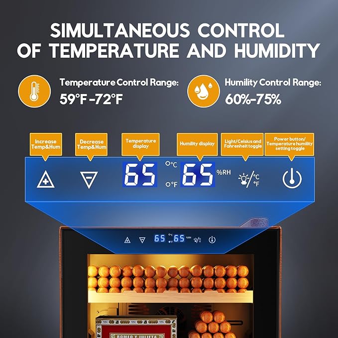 Tylza Leather Trim Cigar Humidor, 50L Cigar Humidor Cabinet with Auto Humidity & Temp Control, 400 Counts, 3 LED Lights, Spanish Cedar Wood, Cigar Humidors with Safety Lock, Gifts for Men