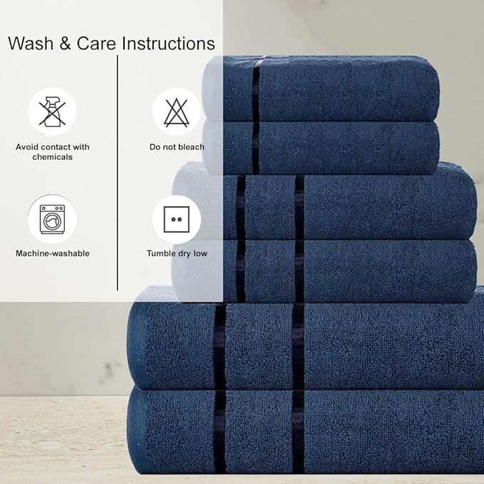 CASA COPENHAGEN Eternal 6 Pieces Towel Set- Navy Blue, 500 GSM 2 Bath Towel 2 Hand Towel 2 Washcloth, Designed in Denmark Made of Soft Egyptian Cotton for Bathroom, Kitchen & Shower