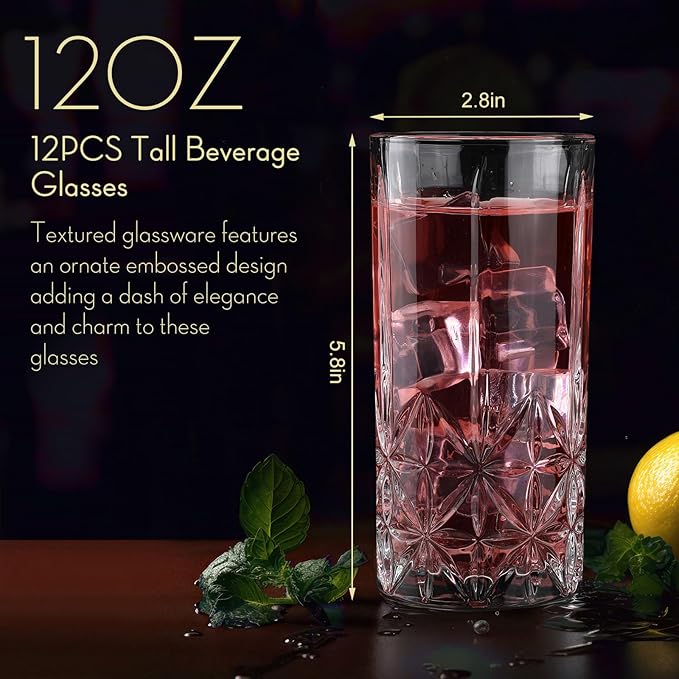 Uiifan Set of 12 Tall Highball Glasses 12 oz Crystal Drinking Glasses Clear Fancy Cups Vintage Textured Designer Glassware for Cocktail Tea Water Beer Soda Beverages, Dishwasher Safe(Stylish Style)
