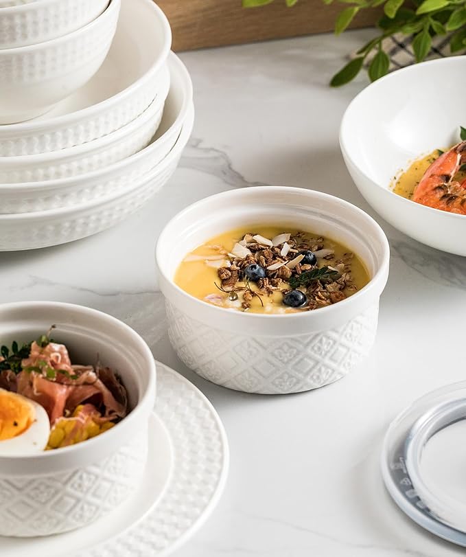 16 oz Creme Brulee Ramekins Oven Safe, Small Souffle Ramekin with lid, Mini Porcelain Ramekins Set with Covers, Small Ceramic Baking Dish Set of 4