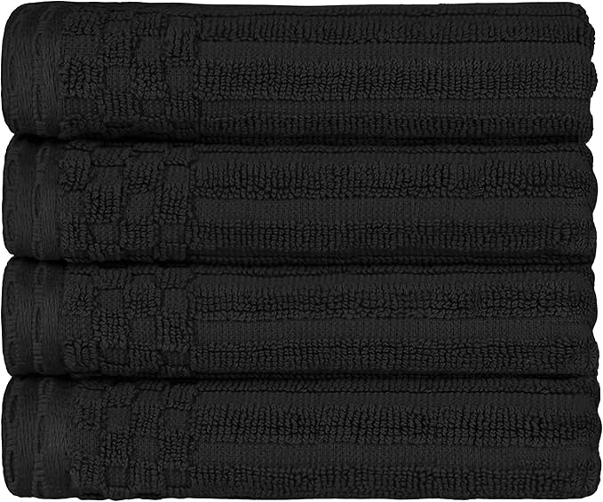 Cotton 4-Piece Solid and Ribbed Hand Towel Set, Hand Towels- 16" x 28", Black by Superior