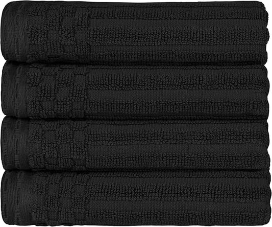 Cotton 4-Piece Solid and Ribbed Hand Towel Set, Hand Towels- 16" x 28", Black by Superior